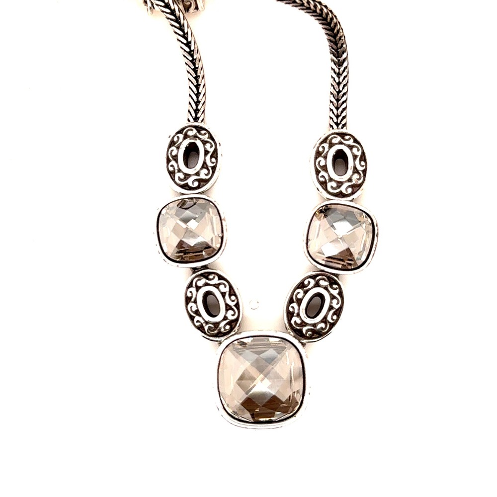 Brighton Silver Tone Smoky Crystal Scroll Wheat Chain Necklace 15-17"
